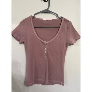 Tularosa Ribbed Henley Tee | Dusty Rose Pink Fitted Top | Button Front | Size S
